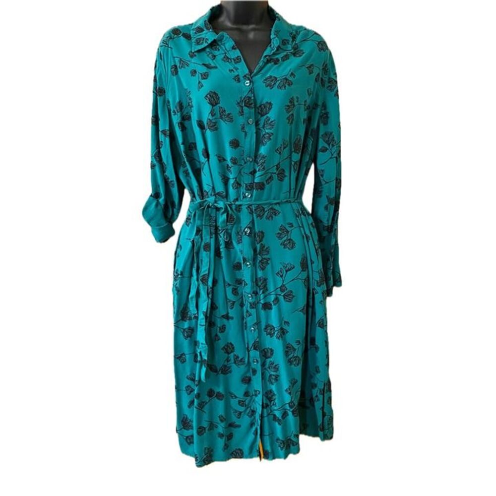 Ava & Viv Shirt Dress Button Front  Women's Plus Size X Teal Black Floral Rayon